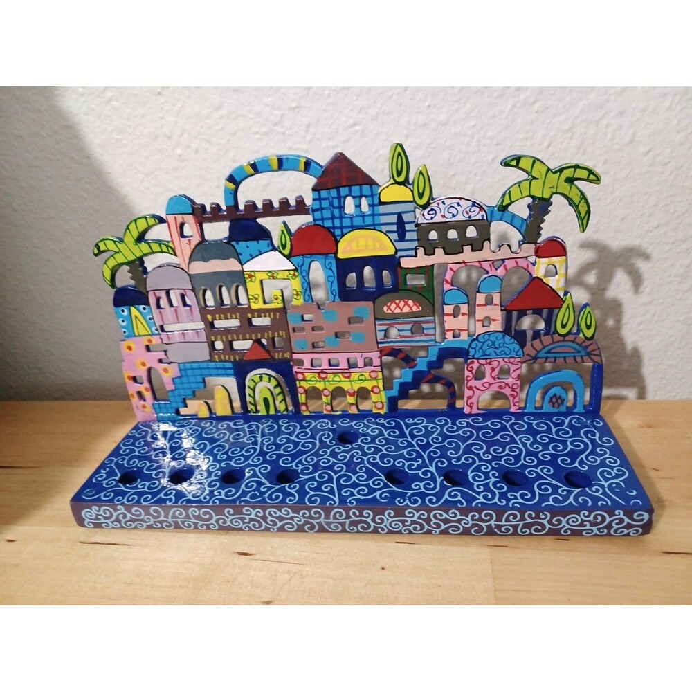 Laser Cut Hand Painted Hanukkah Jewish Menorah Jerusalem Chanukah Yair Emanuel